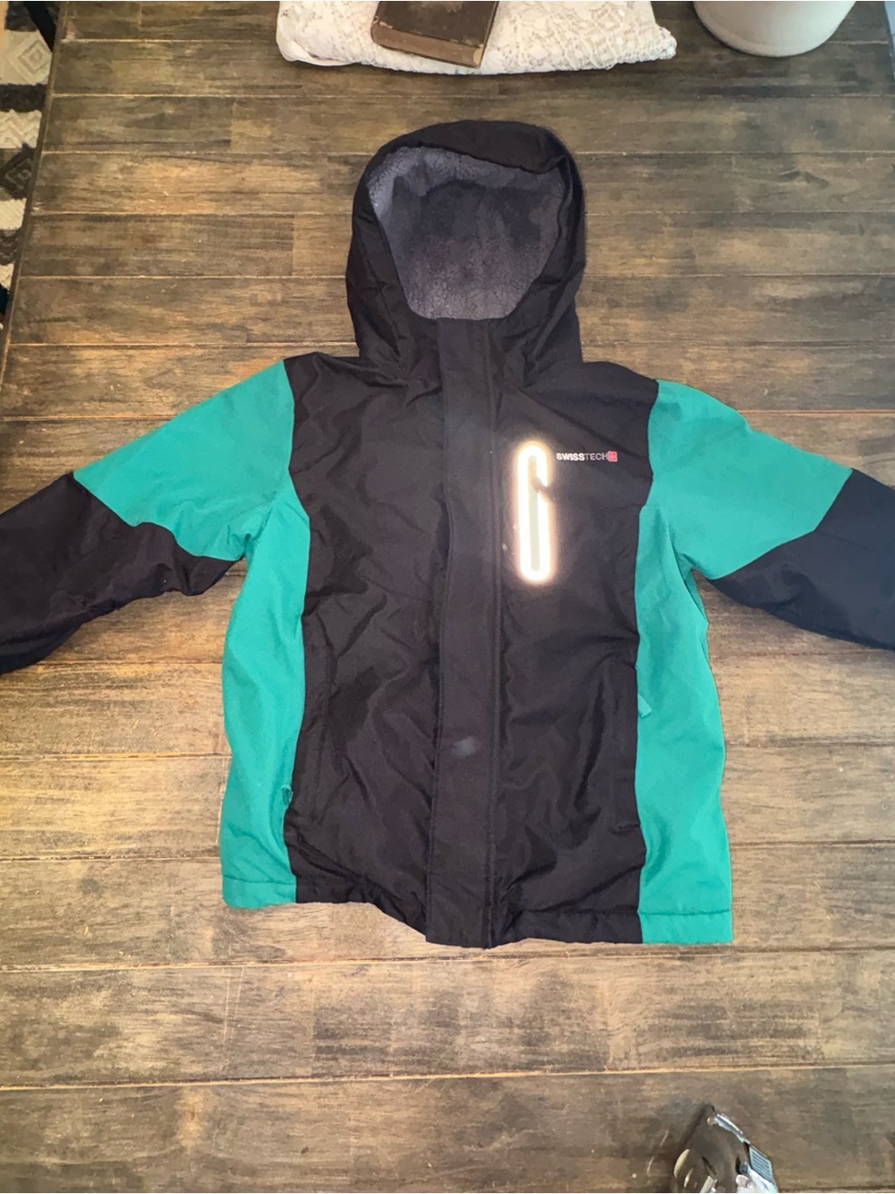 Swiss Tech Kids Hooded Raincoat in Black and Teal